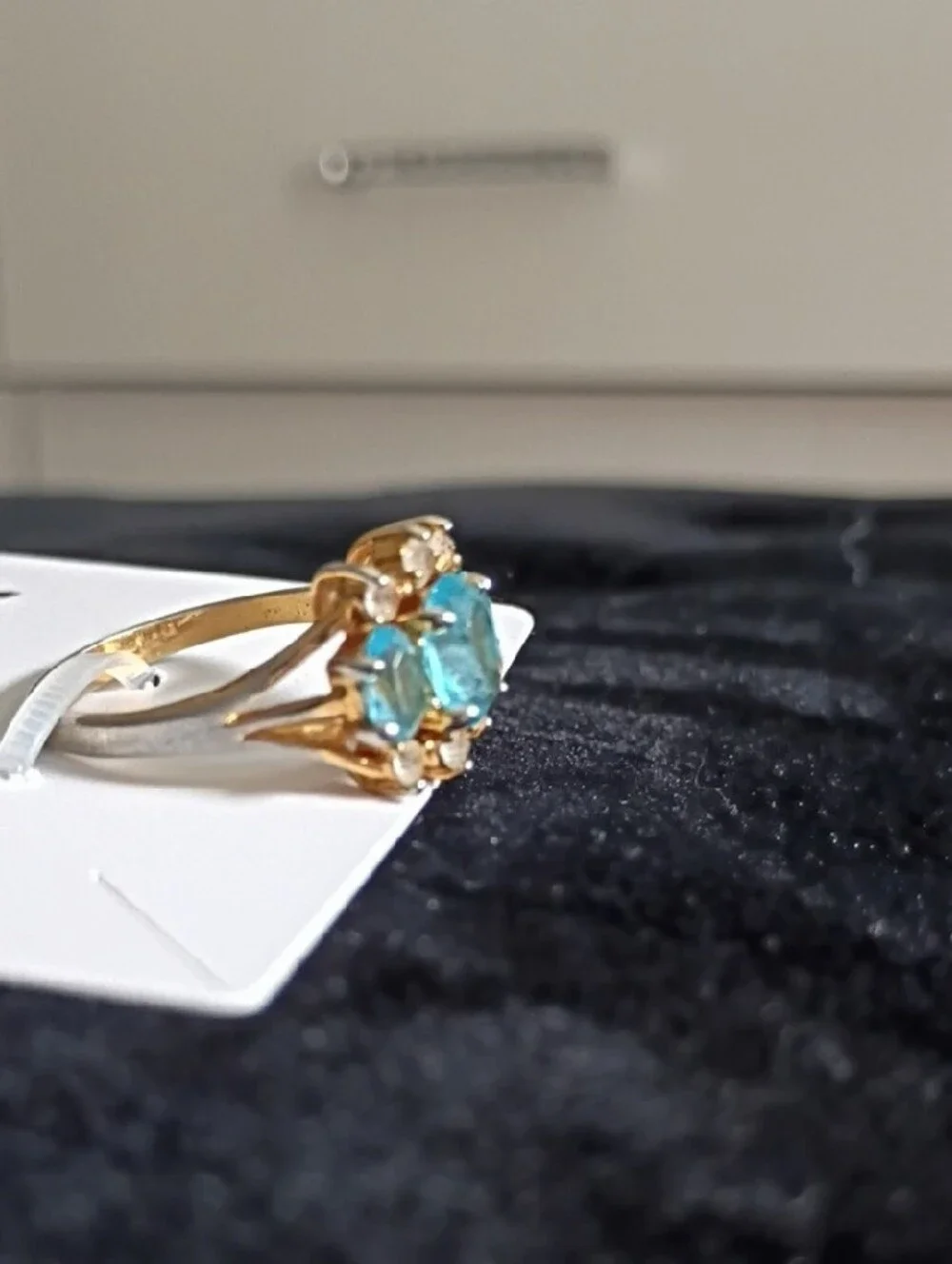 Gold Ring with Blue Gemstones and Accent Crystals Size 7
